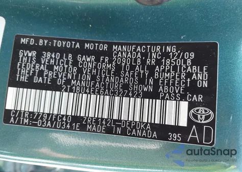 2010 Toyota Corolla Le z USA, uszkodzony, nr VIN 2T1BU4EE6AC327423